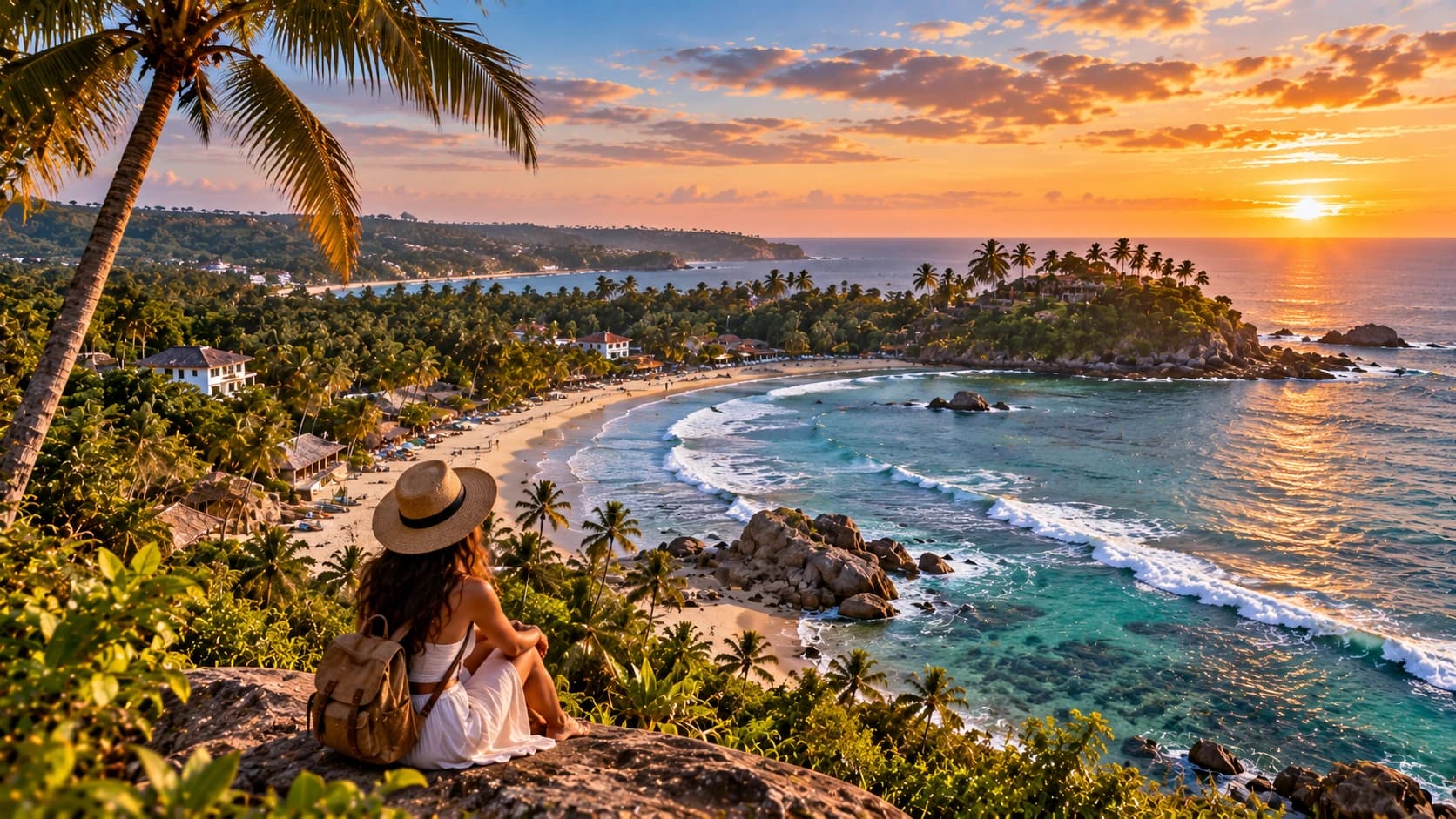 A traveller in a sun hat looking over a palm-fringed bay and a turquoise sea at sunset