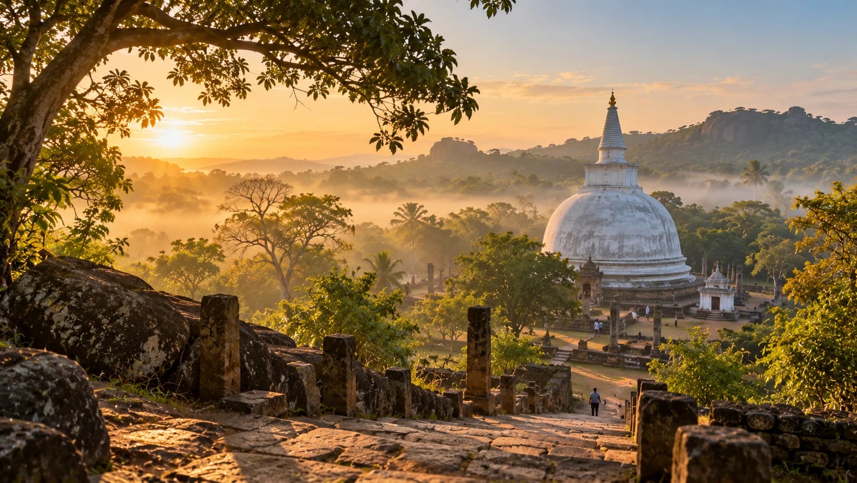 A white stupa among ancient stone ruins and trees in the morning mist