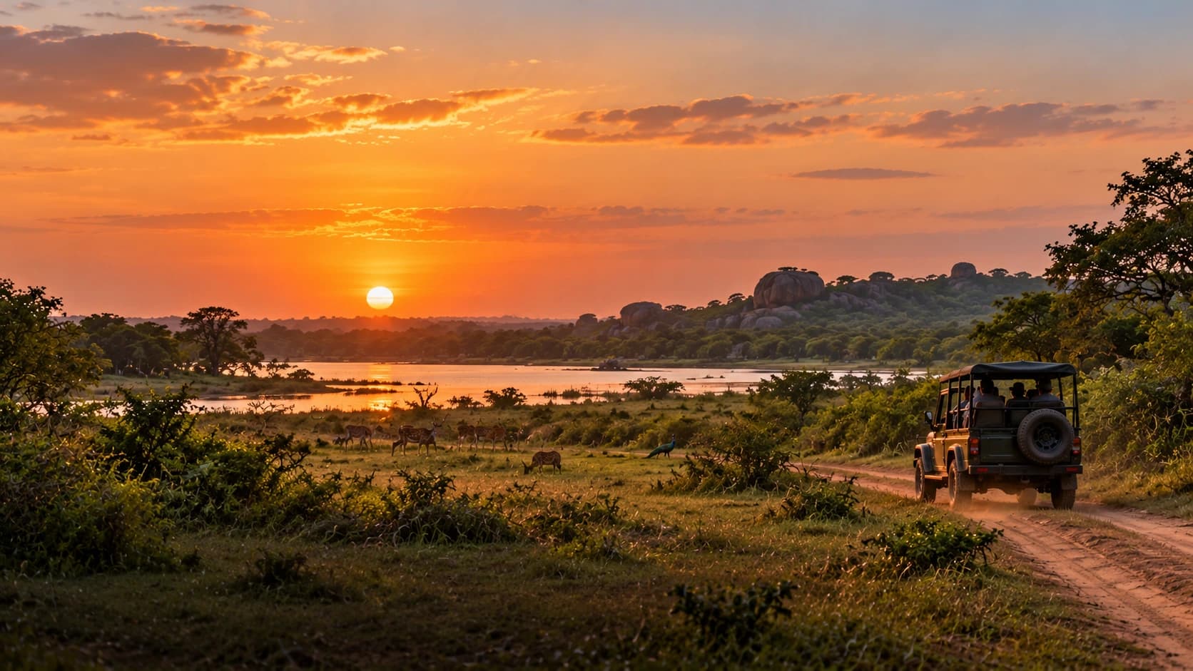 A safari jeep on a dirt track beside a lake at sunset, with grazing animals in the distance