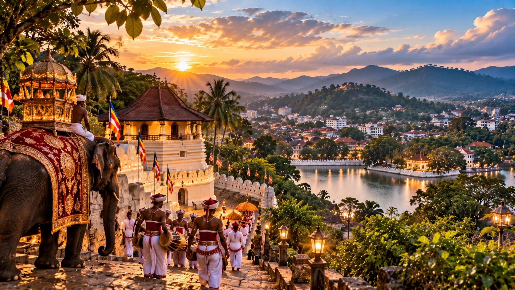 A decorated elephant and drummers on steps beside a temple, with a lake and hills at sunset