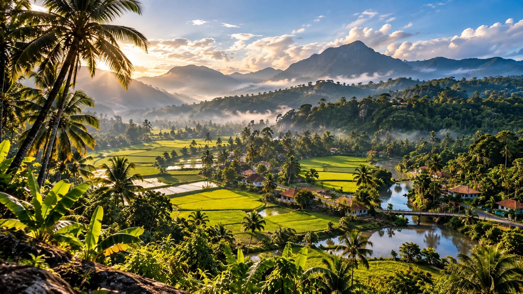 Morning mist over green hills, a river and rice fields with palms in the foreground