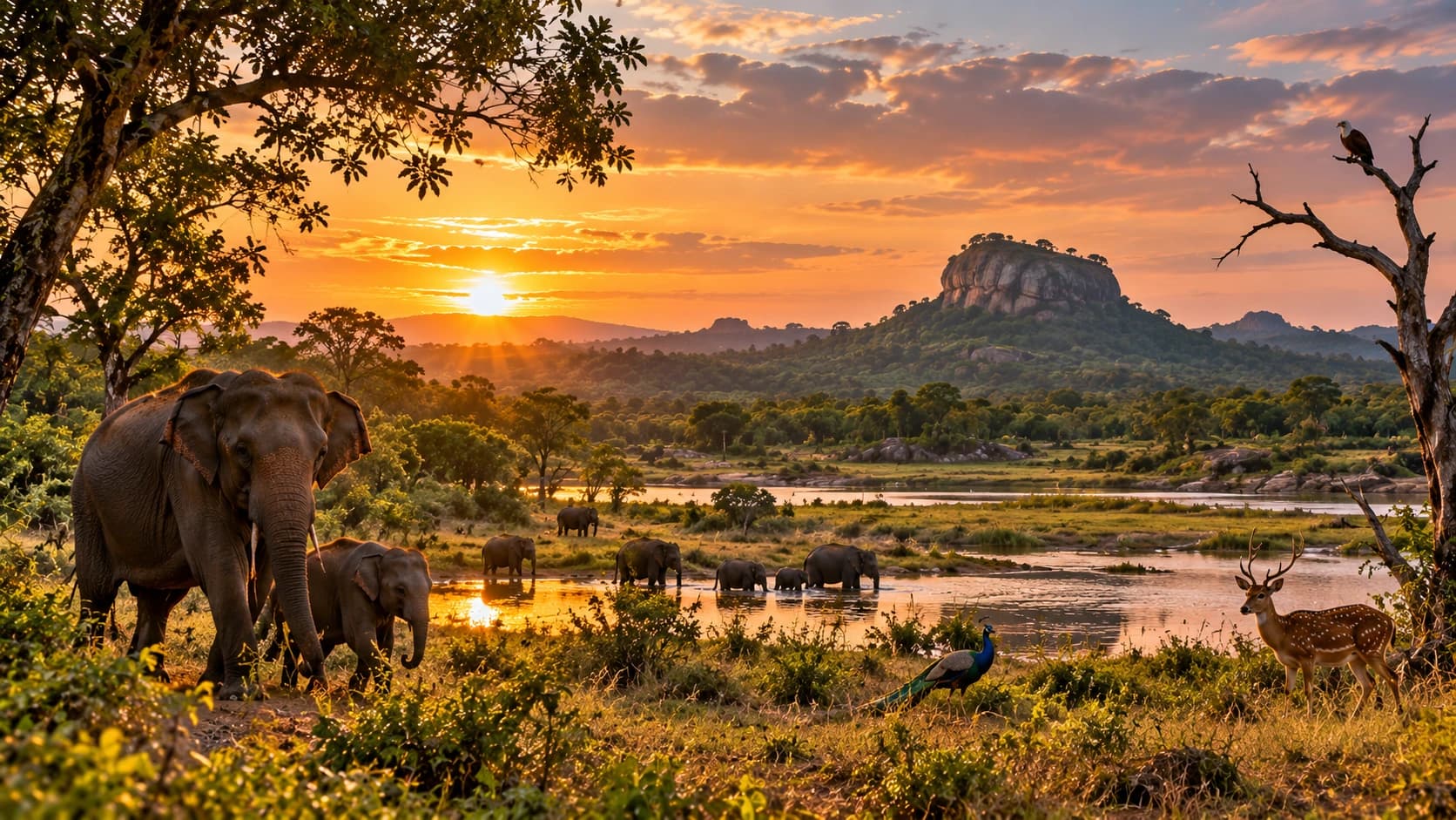 Elephants with calves at a waterhole at sunset, with a spotted deer and a peacock in the foreground and a rock peak behind