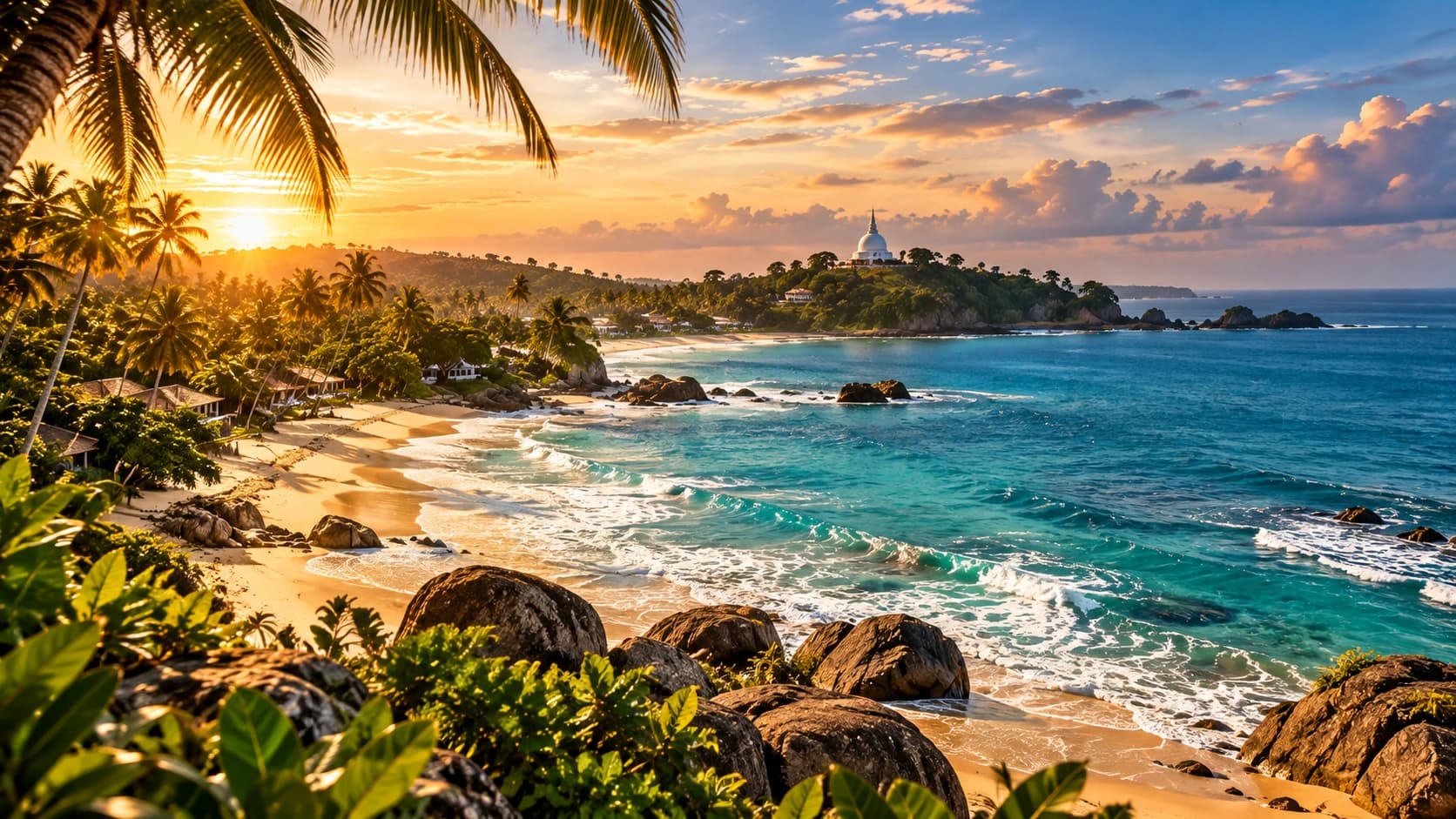 A palm-lined beach and turquoise sea at sunset