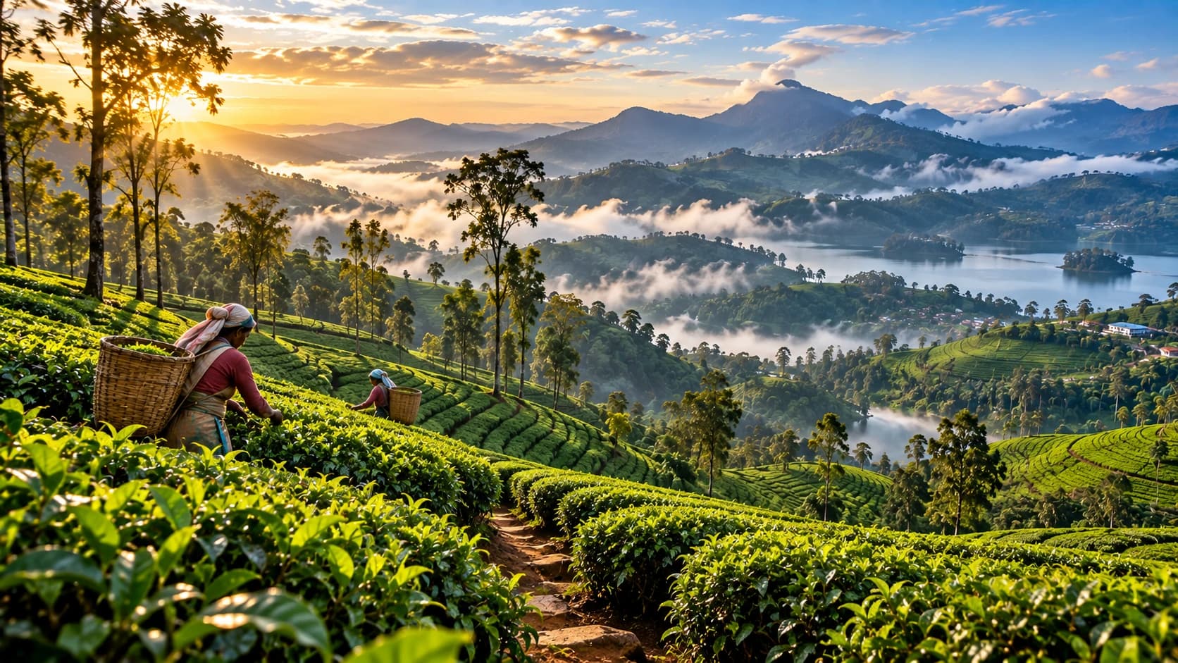 Tea pickers with baskets on terraced hillsides above a misty lake at sunrise
