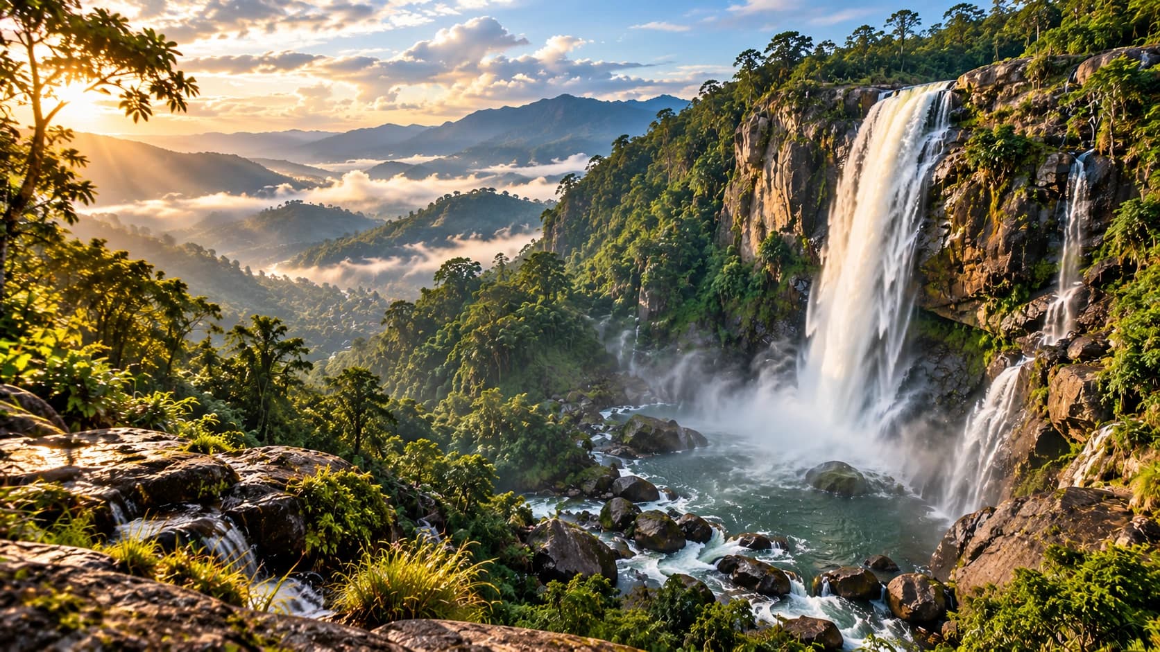 A waterfall falling from a rocky cliff into a forested valley, with mist and mountains in the morning light