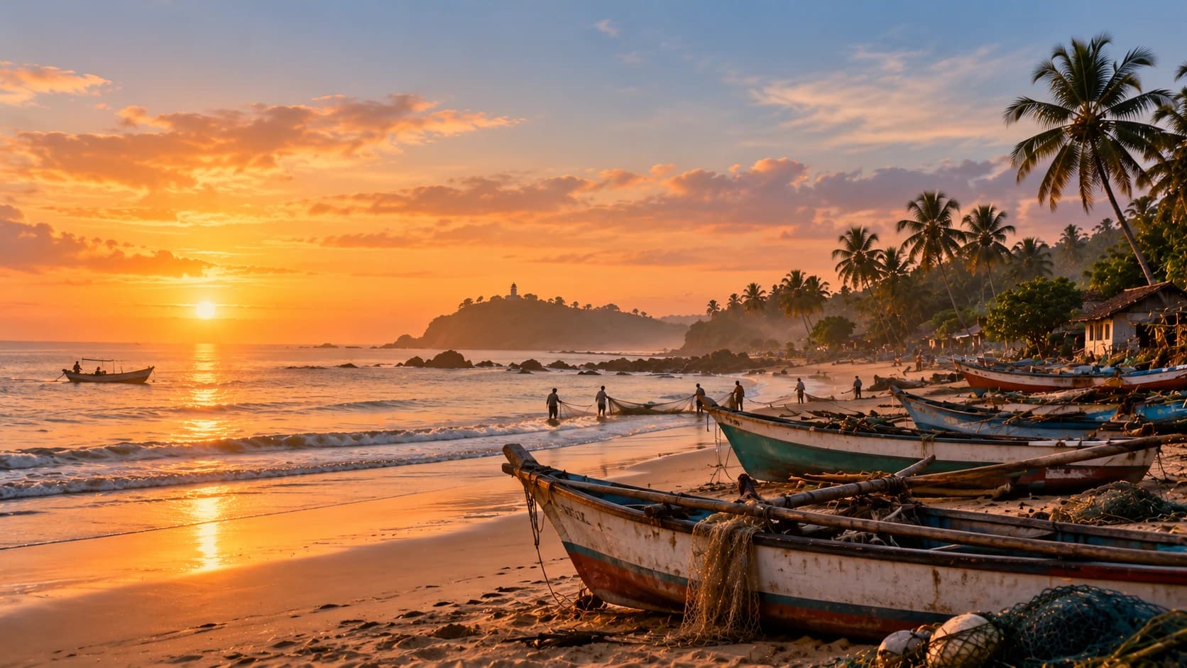 Wooden fishing boats on a beach at sunrise, with a few people and a palm-fringed headland