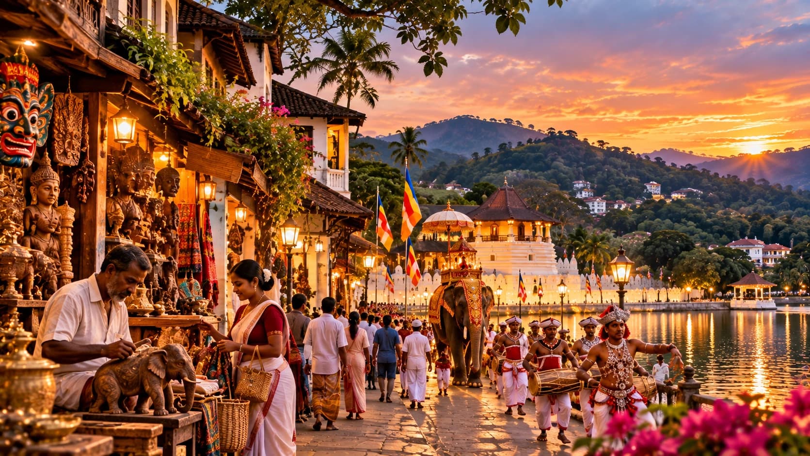 An evening market street beside a lake with a festive procession