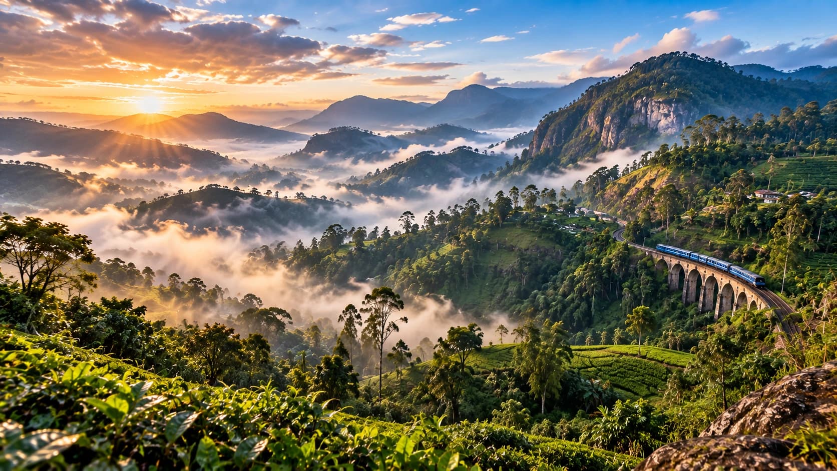 A blue train crossing a stone viaduct on a hillside above mist and tea slopes at sunrise