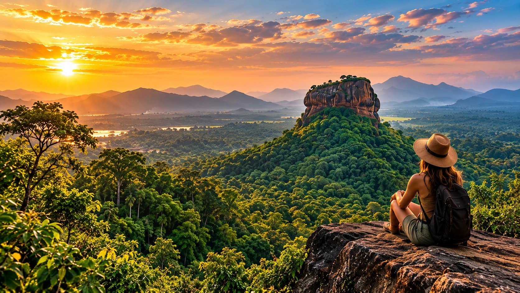 A traveller on a rock looking over jungle towards a large rock at sunset