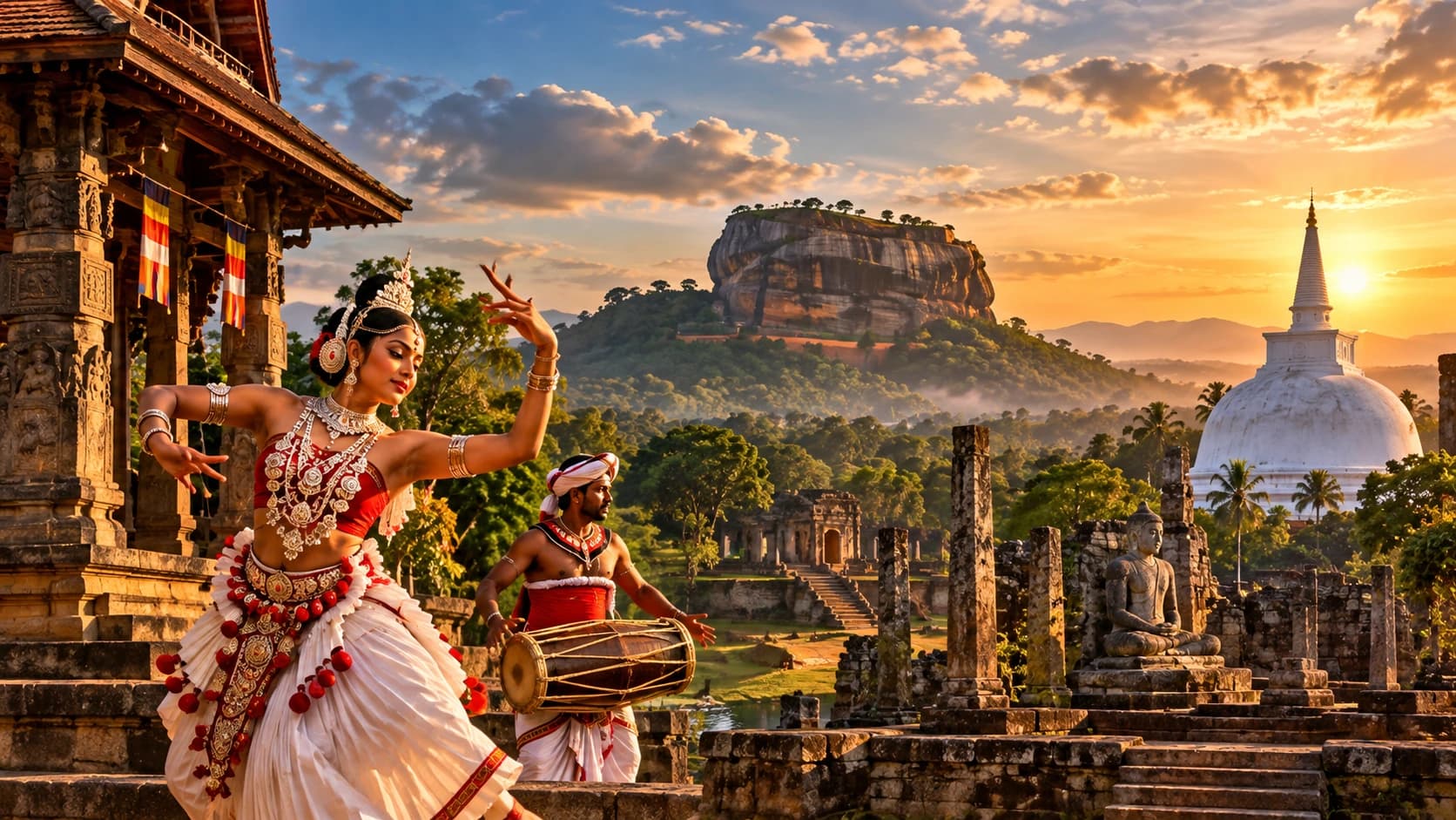 A traditional dancer and a drummer performing beside an old stone temple at sunset, with a rocky hill and a white stupa in the distance