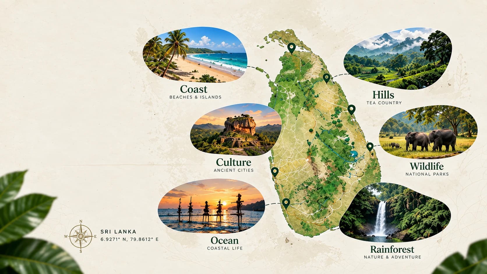 An illustrated map of Sri Lanka with six regions marked by photos: Coast, Culture, Ocean, Hills, Wildlife and Rainforest