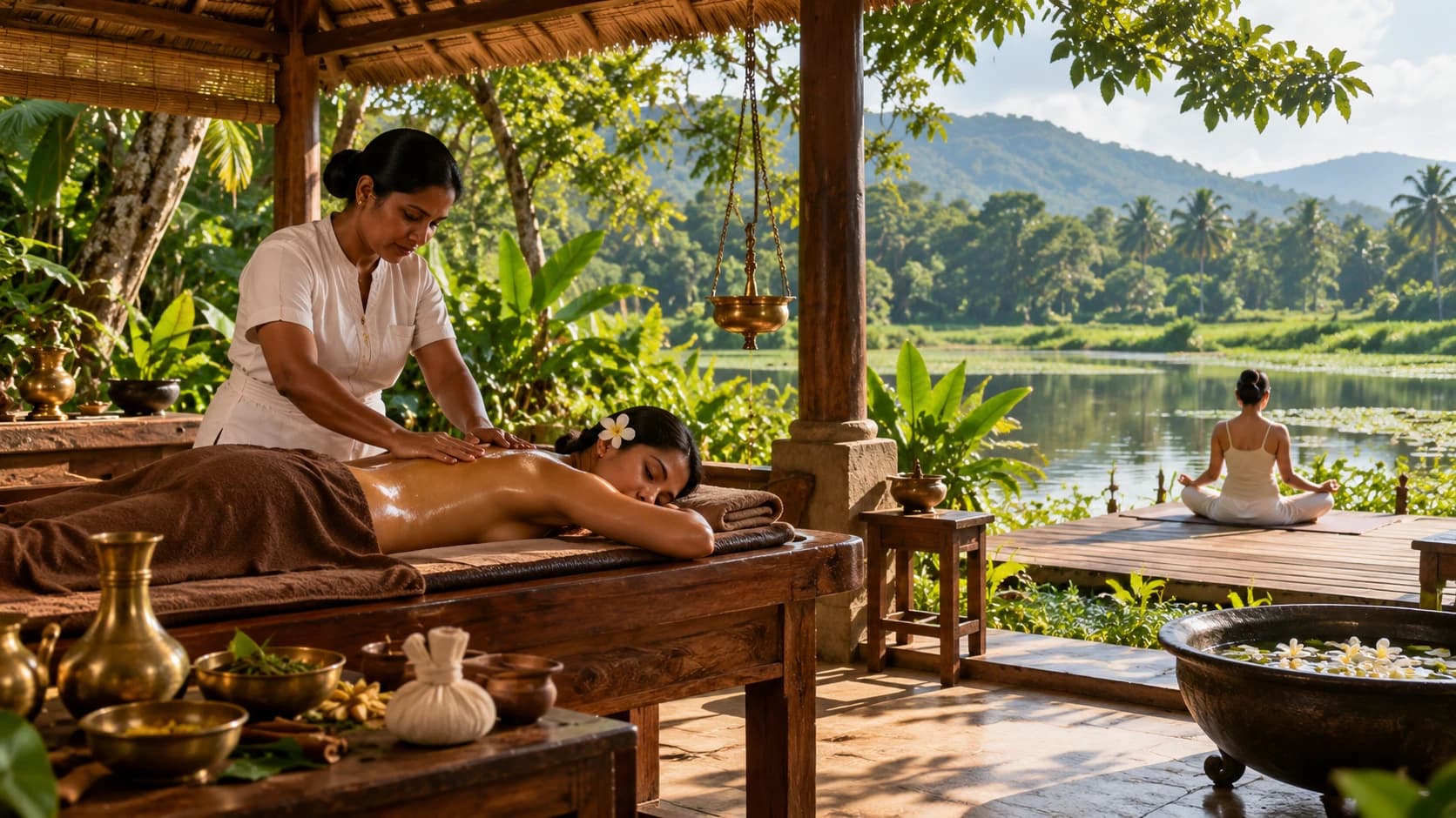 A person receiving a calming oil massage in an open wooden pavilion beside a lake, with another person meditating on a deck