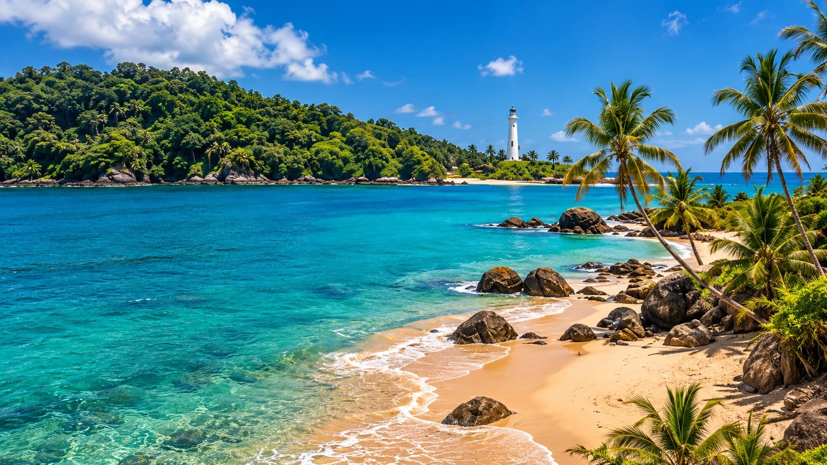 A turquoise bay with rocks, palms and a white lighthouse on the far headland