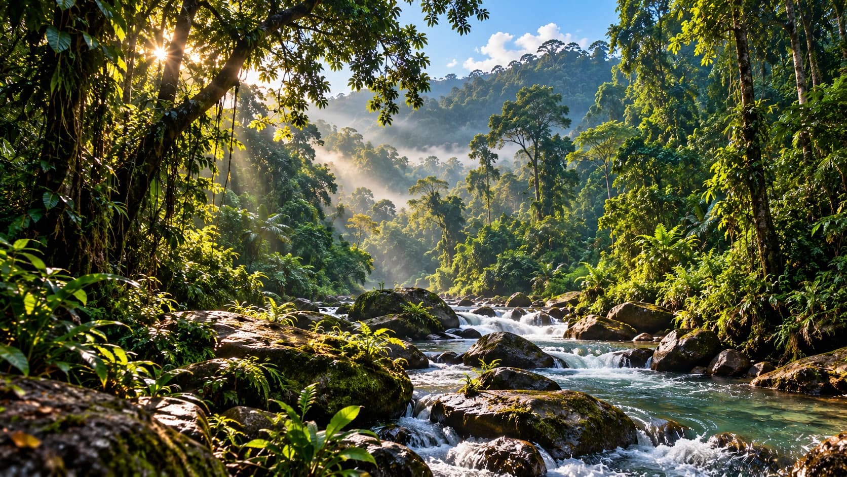 Sunlight and mist through rainforest trees above a rocky stream