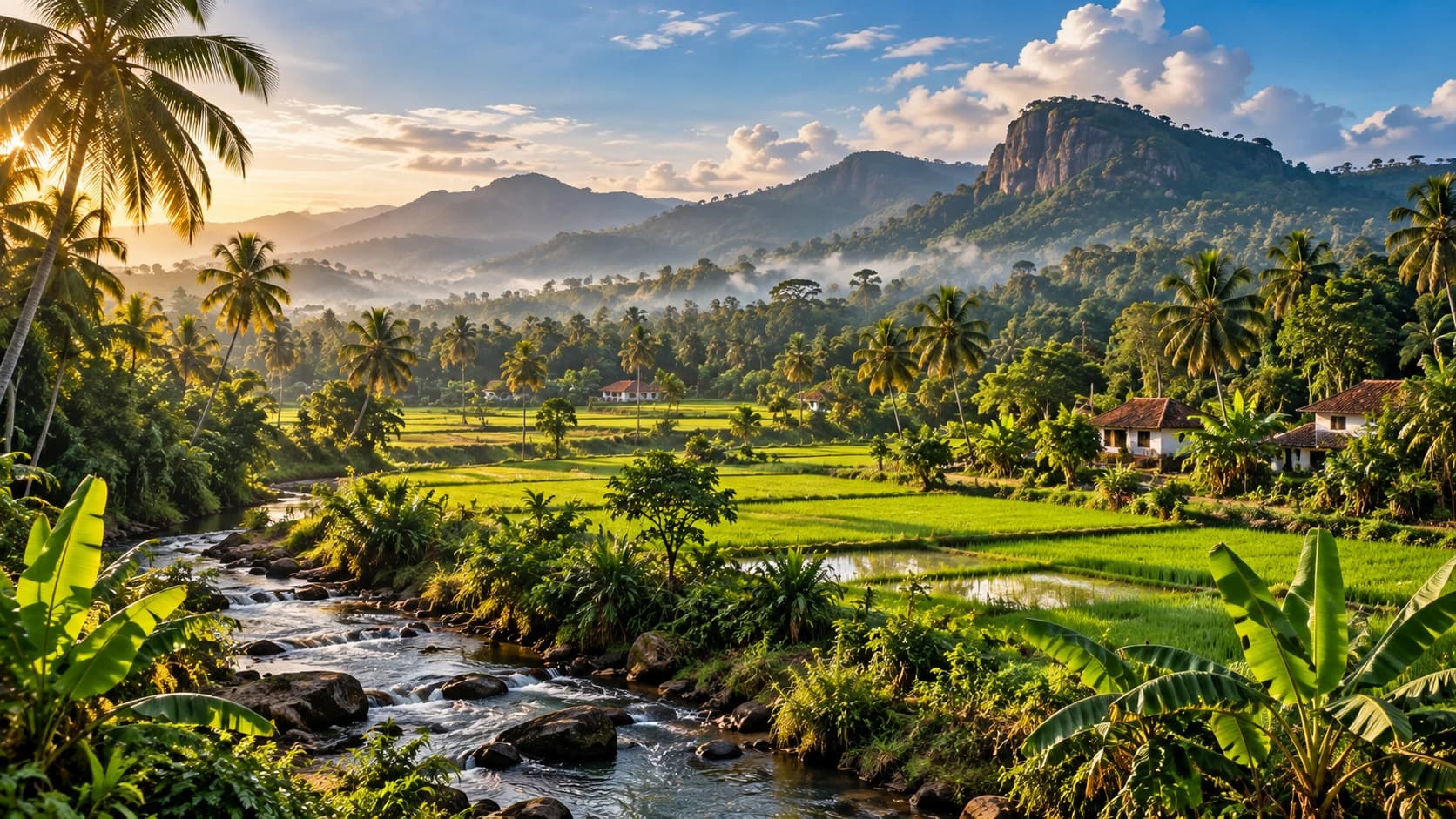 A stream winding through rice fields below a rock in the distance
